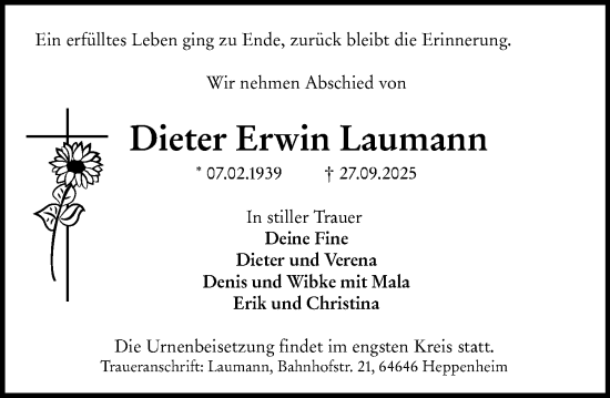 Traueranzeige von Dieter Erwin Laumann von Starkenburger Echo