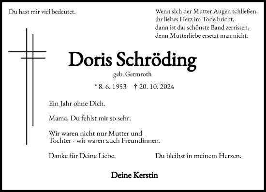 Traueranzeige von Doris Schröding von Wormser Zeitung