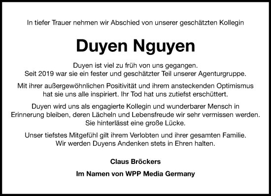 Traueranzeige von Duyen Nguyen von Allgemeine Zeitung Rheinhessen-Nahe