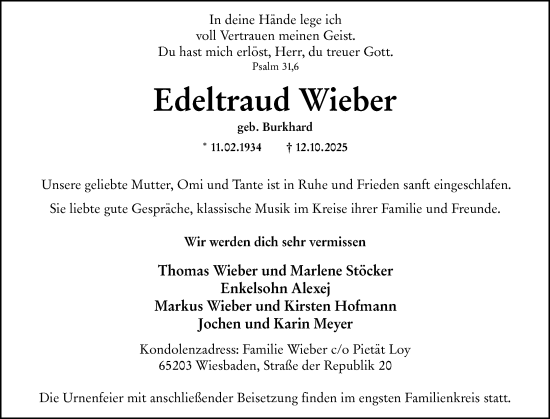Traueranzeige von Edeltraud Wieber von Wiesbadener Kurier Traueranzeige von Edeltraud Wieber von Wiesbadener Kurier