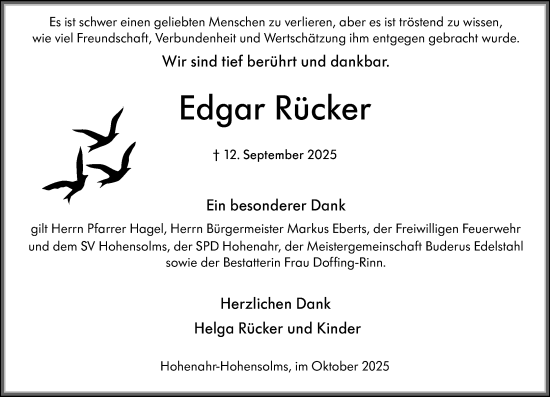 Traueranzeige von Edgar Rücker von Wetzlarer Neue Zeitung