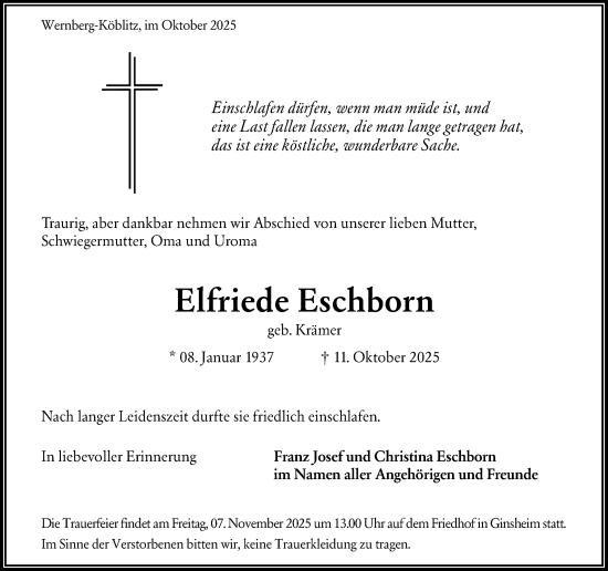 Traueranzeige von Elfriede Eschborn von Allgemeine Zeitung Mainz