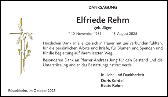 Traueranzeige von Elfriede Rehm von Rüsselsheimer Echo