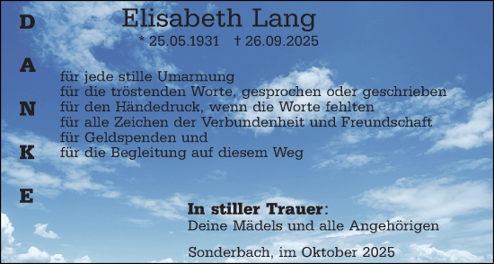 Traueranzeige von Elisabeth Lang von Starkenburger Echo