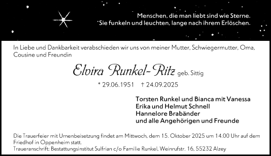 Traueranzeige von Elvira Runkel-Ritz von Allgemeine Zeitung Mainz