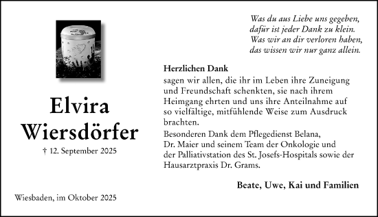 Traueranzeige von Elvira Wiersdörfer von Wiesbadener Kurier Traueranzeige von Elvira Wiersdörfer von Wiesbadener Kurier