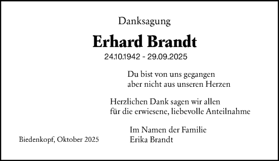 Traueranzeige von Erhard Brandt von Hinterländer Anzeiger Traueranzeige von Erhard Brandt von Hinterländer Anzeiger