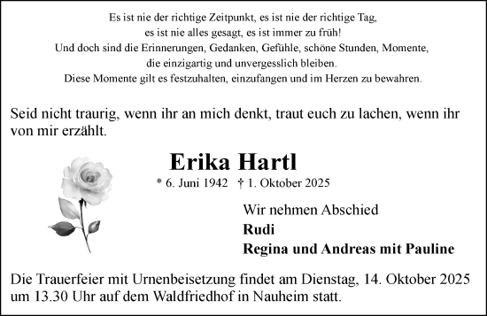 Traueranzeige von Erika Hartl von Rüsselsheimer Echo
