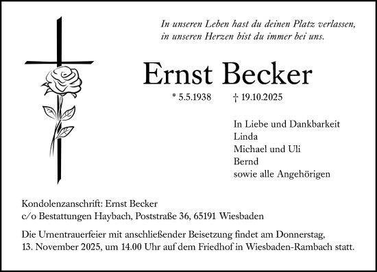 Traueranzeige von Ernst Becker von Wiesbadener Kurier