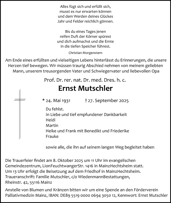 Traueranzeige von Ernst Mutschler von Allgemeine Zeitung Mainz