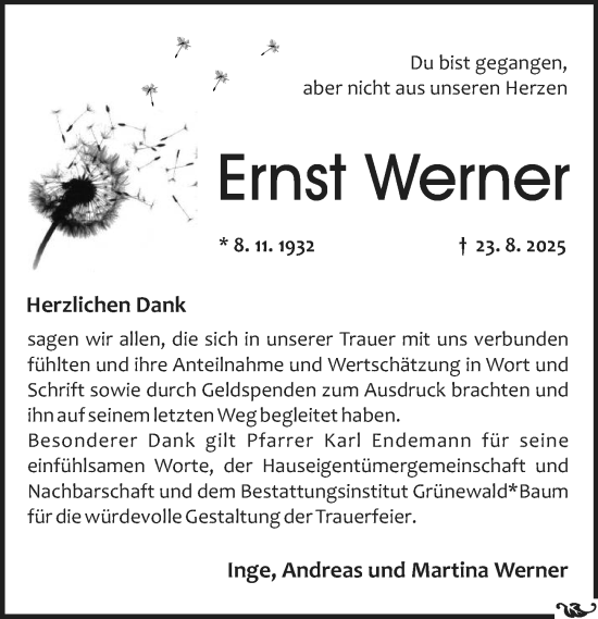 Traueranzeige von Ernst Werner von Allgemeine Zeitung Mainz