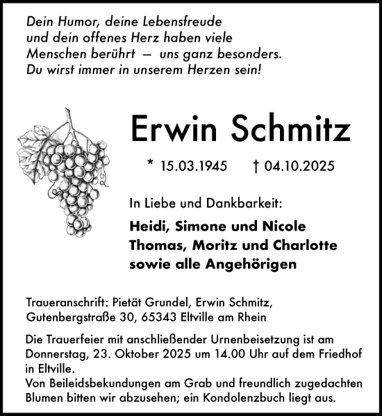 Traueranzeige von Erwin Schmitz von Wiesbadener Kurier