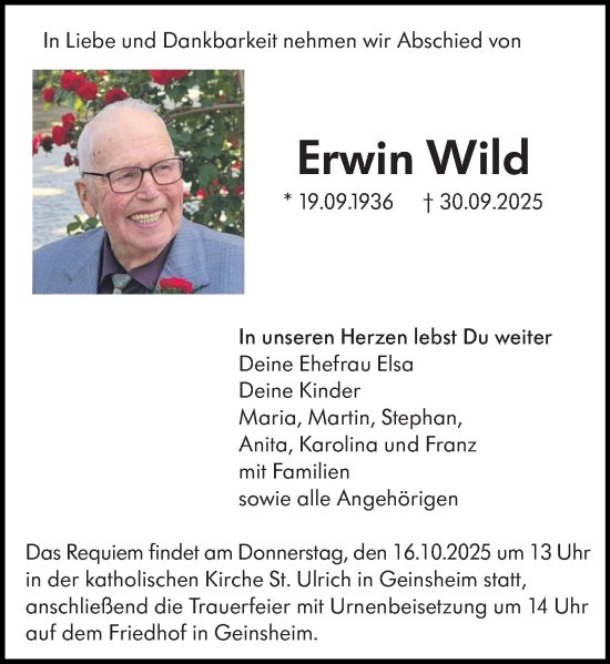 Traueranzeige von Erwin Wild von Groß-Gerauer Echo Traueranzeige von Erwin Wild von Groß-Gerauer Echo