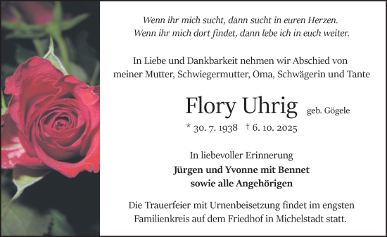 Traueranzeige von Flory Uhrig von Odenwälder Echo Traueranzeige von Flory Uhrig von Odenwälder Echo