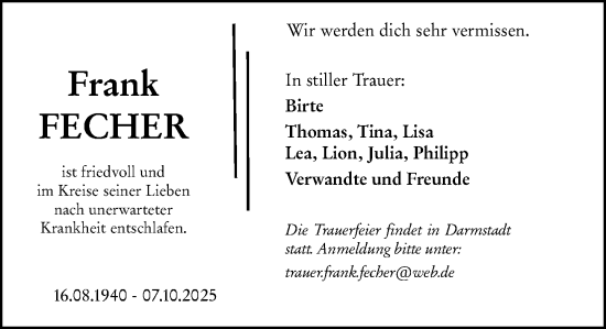 Traueranzeige von Frank Fecher von Darmstädter Echo Traueranzeige von Frank Fecher von Darmstädter Echo