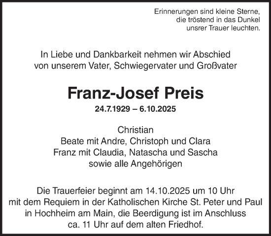 Traueranzeige von Franz-Josef Preis von Hochheimer Zeitung