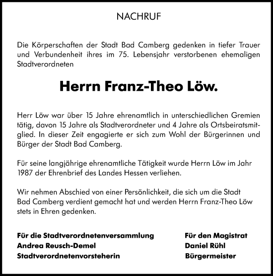 Traueranzeige von Franz-Theo Löw von Camberger Anzeiger