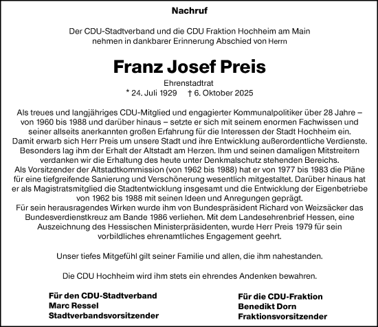 Traueranzeige von Franz Josef Preis von Hochheimer Zeitung