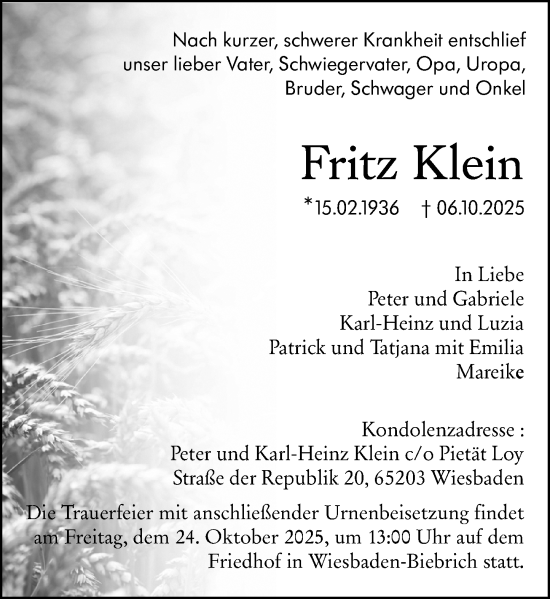Traueranzeige von Fritz Klein von Wiesbadener Kurier Traueranzeige von Fritz Klein von Wiesbadener Kurier
