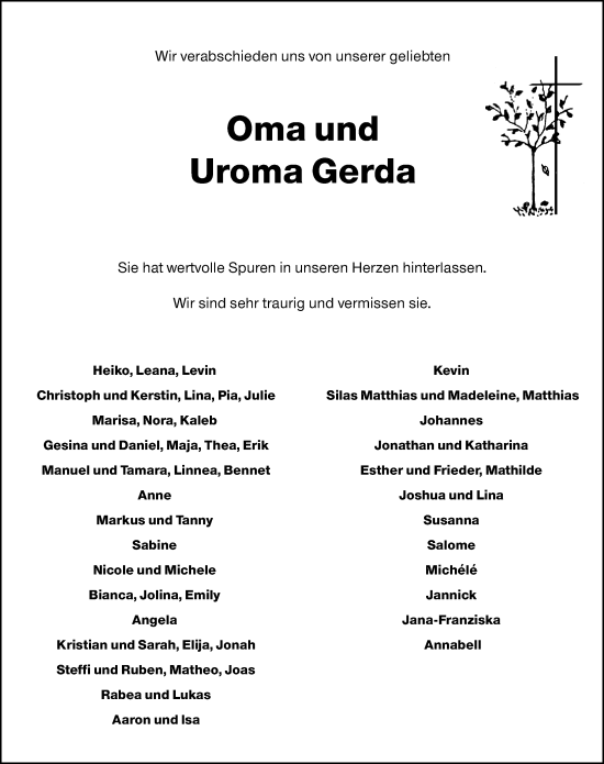 Traueranzeige von Gerda Osenberg von Hinterländer Anzeiger