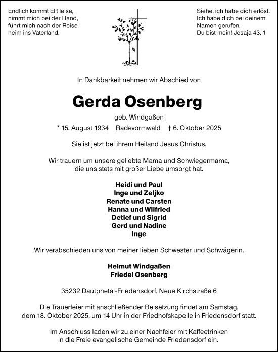 Traueranzeige von Gerda Osenberg von Hinterländer Anzeiger