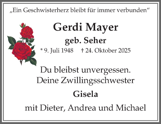 Traueranzeige von Gerdi Mayer von Wiesbadener Kurier