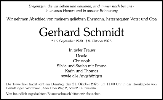 Traueranzeige von Gerhard Schmidt von Wiesbadener Kurier Traueranzeige von Gerhard Schmidt von Wiesbadener Kurier
