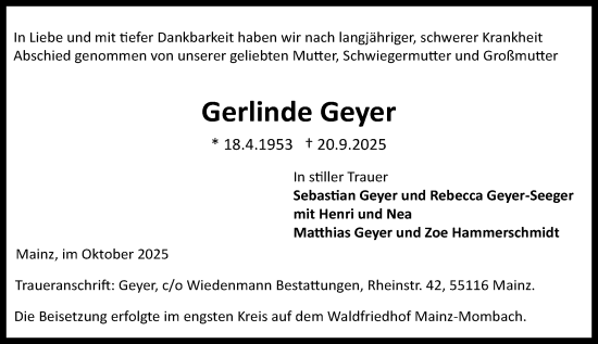 Traueranzeige von Gerlinde Geyer von Allgemeine Zeitung Mainz Traueranzeige von Gerlinde Geyer von Allgemeine Zeitung Mainz