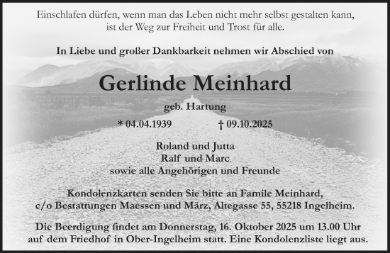 Traueranzeige von Gerlinde Meinhard von Allgemeine Zeitung Rheinhessen-Nahe