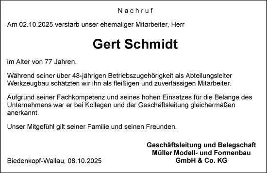 Traueranzeige von Gert Schmidt von Hinterländer Anzeiger