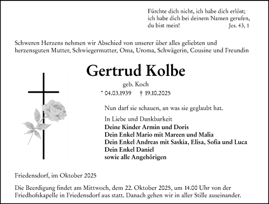 Traueranzeige von Gertrud Kolbe von Hinterländer Anzeiger