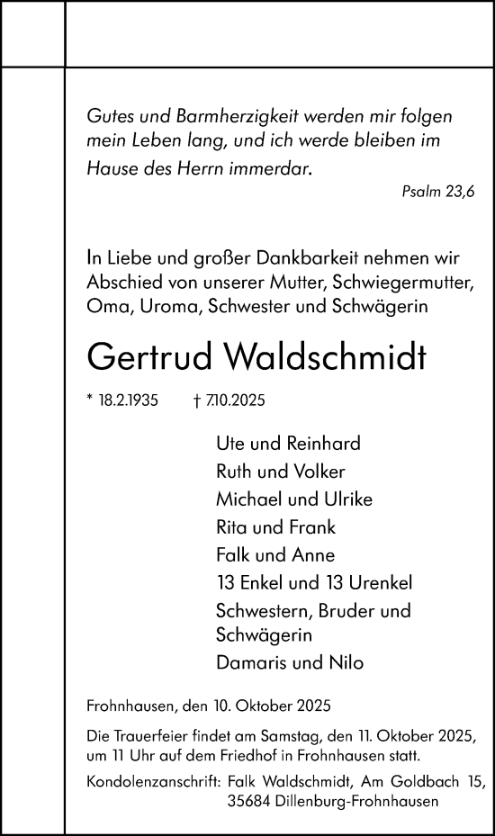 Traueranzeige von Gertrud Waldschmidt von Hinterländer Anzeiger