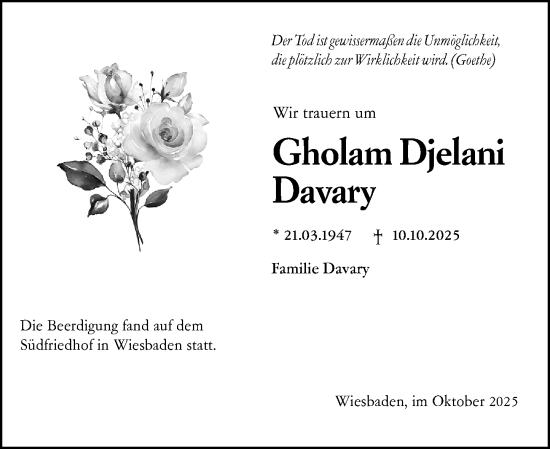 Traueranzeige von Gholam Djelani Davary von Wiesbadener Kurier Traueranzeige von Gholam Djelani Davary von Wiesbadener Kurier