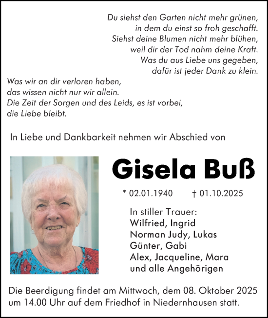 Traueranzeige von Gisela Buß von Darmstädter Echo