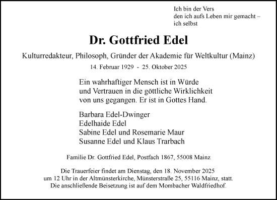 Traueranzeige von Gottfried Edel von Allgemeine Zeitung Mainz