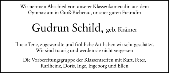 Traueranzeige von Gudrun Schild von Darmstädter Echo