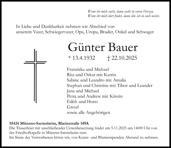 Traueranzeige von Günter Bauer von Allgemeine Zeitung Rheinhessen-Nahe Traueranzeige von Günter Bauer von Allgemeine Zeitung Rheinhessen-Nahe