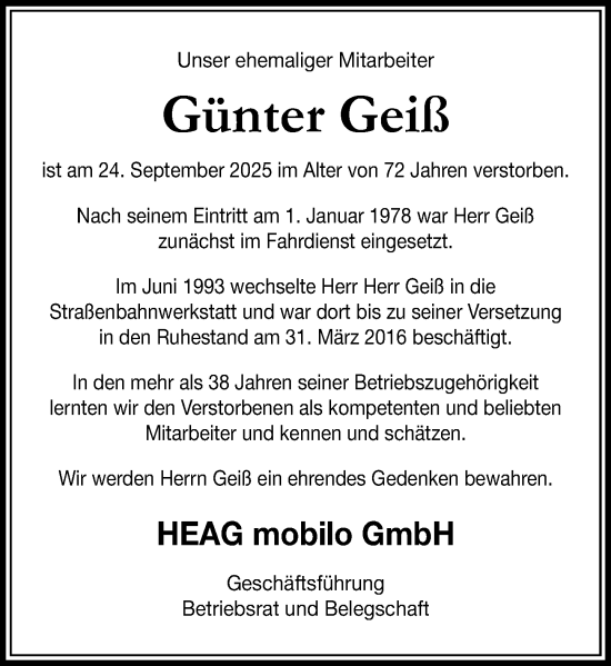 Traueranzeige von Günter Geiß von Darmstädter Echo