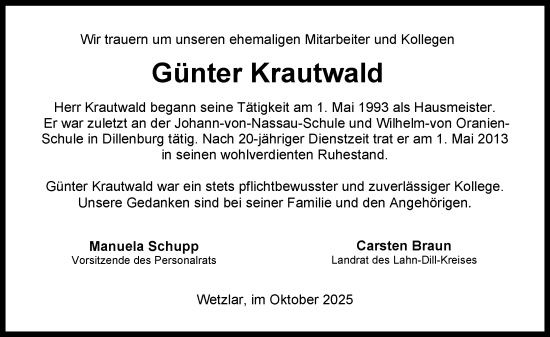 Traueranzeige von Günter Krautwald von Dill Block Traueranzeige von Günter Krautwald von Dill Block