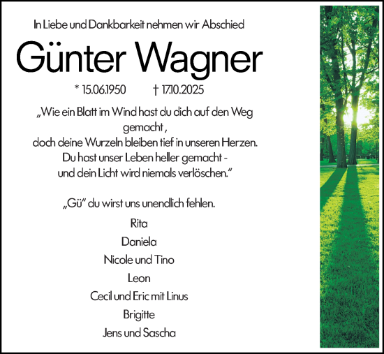 Traueranzeige von Günter Wagner von Hinterländer Anzeiger