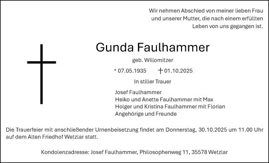Traueranzeige von Gunda Faulhammer von Wetzlarer Neue Zeitung Traueranzeige von Gunda Faulhammer von Wetzlarer Neue Zeitung