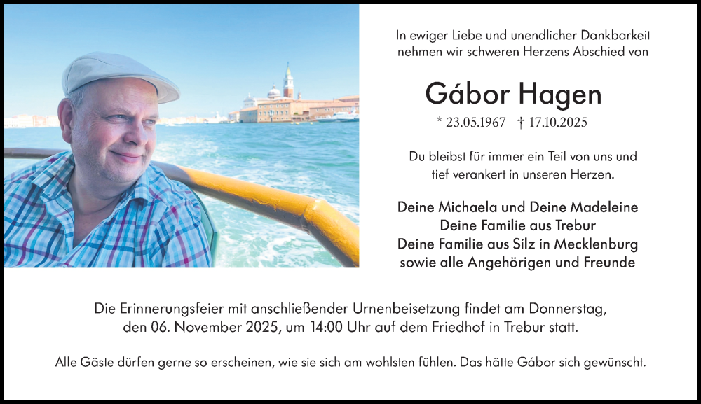  Traueranzeige für Gábor Hagen vom 01.11.2025 aus Rüsselsheimer Echo