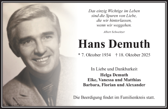 Traueranzeige von Hans Demuth von Camberger Anzeiger