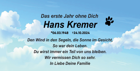 Traueranzeige von Hans Kremer von Allgemeine Zeitung Rheinhessen-Nahe