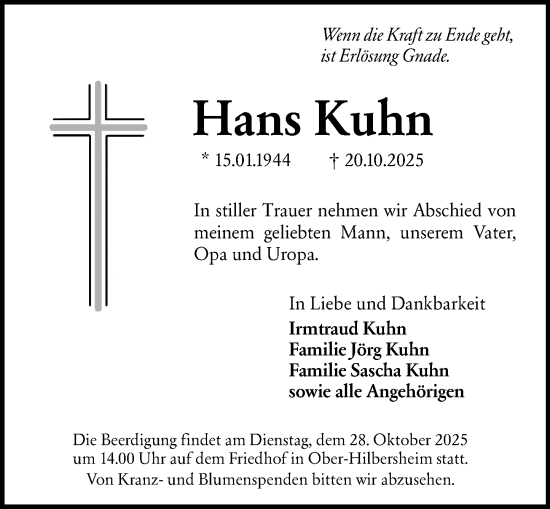 Traueranzeige von Hans Kuhn von Allgemeine Zeitung Rheinhessen-Nahe