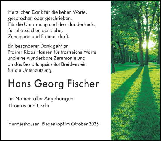 Traueranzeige von Hans Georg Fischer von Hinterländer Anzeiger