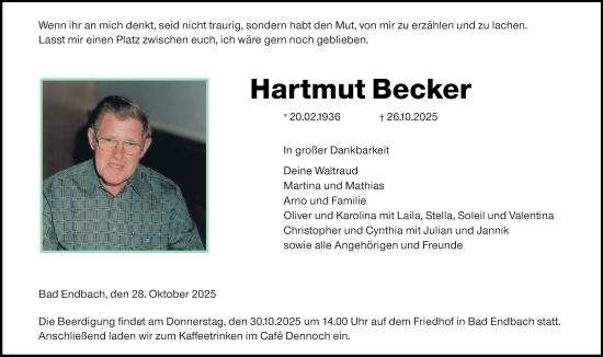 Traueranzeige von Hartmut Becker von Hinterländer Anzeiger