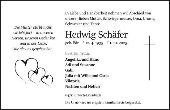 Traueranzeige von Hedwig Schäfer von Odenwälder Echo Traueranzeige von Hedwig Schäfer von Odenwälder Echo