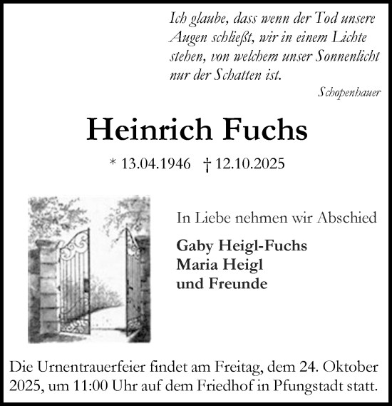 Traueranzeige von Heinrich Fuchs von Darmstädter Echo Traueranzeige von Heinrich Fuchs von Darmstädter Echo