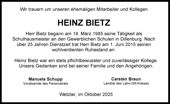 Traueranzeige von Heinz Bietz von Dill Block Traueranzeige von Heinz Bietz von Dill Block